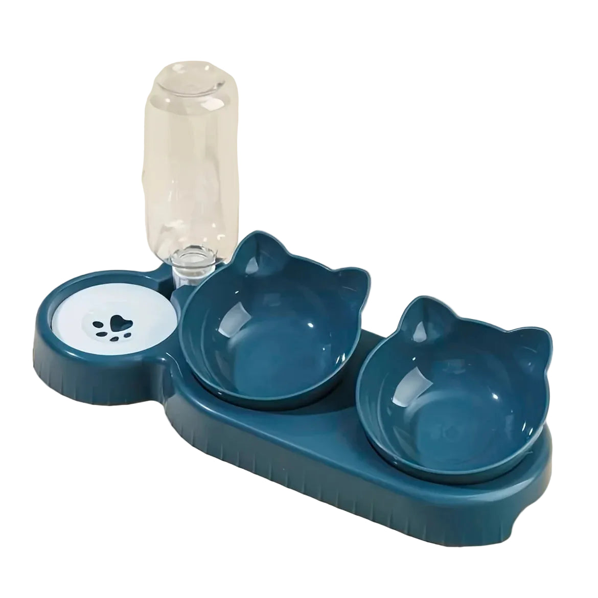 Blue pet bowl set with two bowls and a water dispenser on a beige background